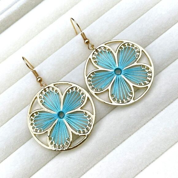 Yellow Gold with Round Blue Threaded Flower Dangling Drop Hook Earrings - Picture 5 of 8